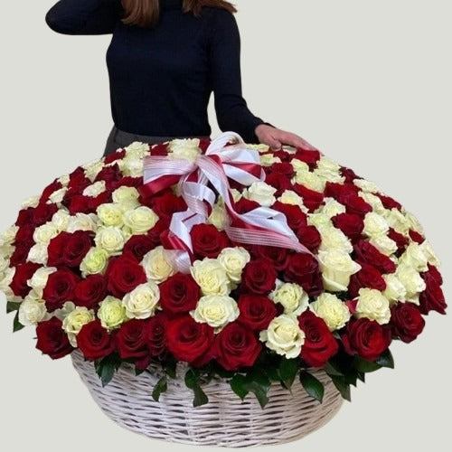 RED & White ROSES IN BASKET