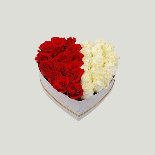 RED AND WHITE ROSES IN A BOX