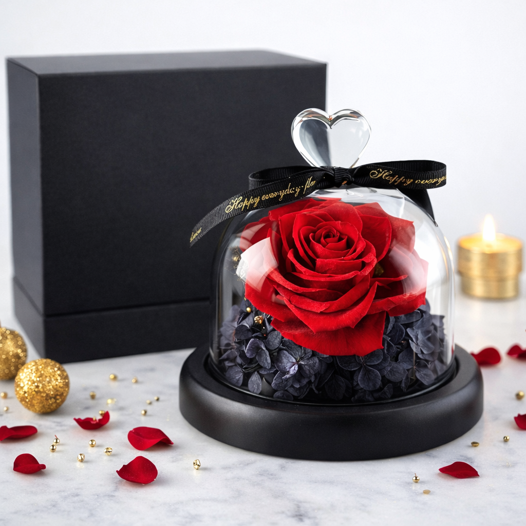 Red Preserved Rose Glass Dome
