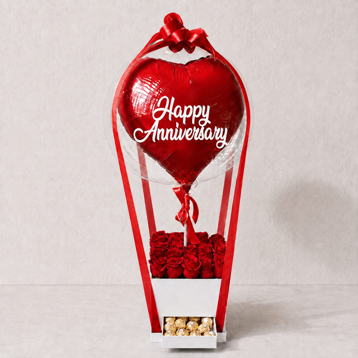 Red Roses Arrangement With Balloons And Ferrero