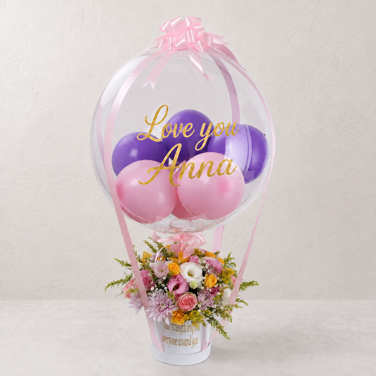 Custom Text Balloons With Flowers Arrangement