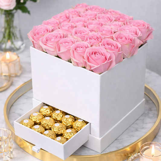 Pink Roses With Ferrero In a Box