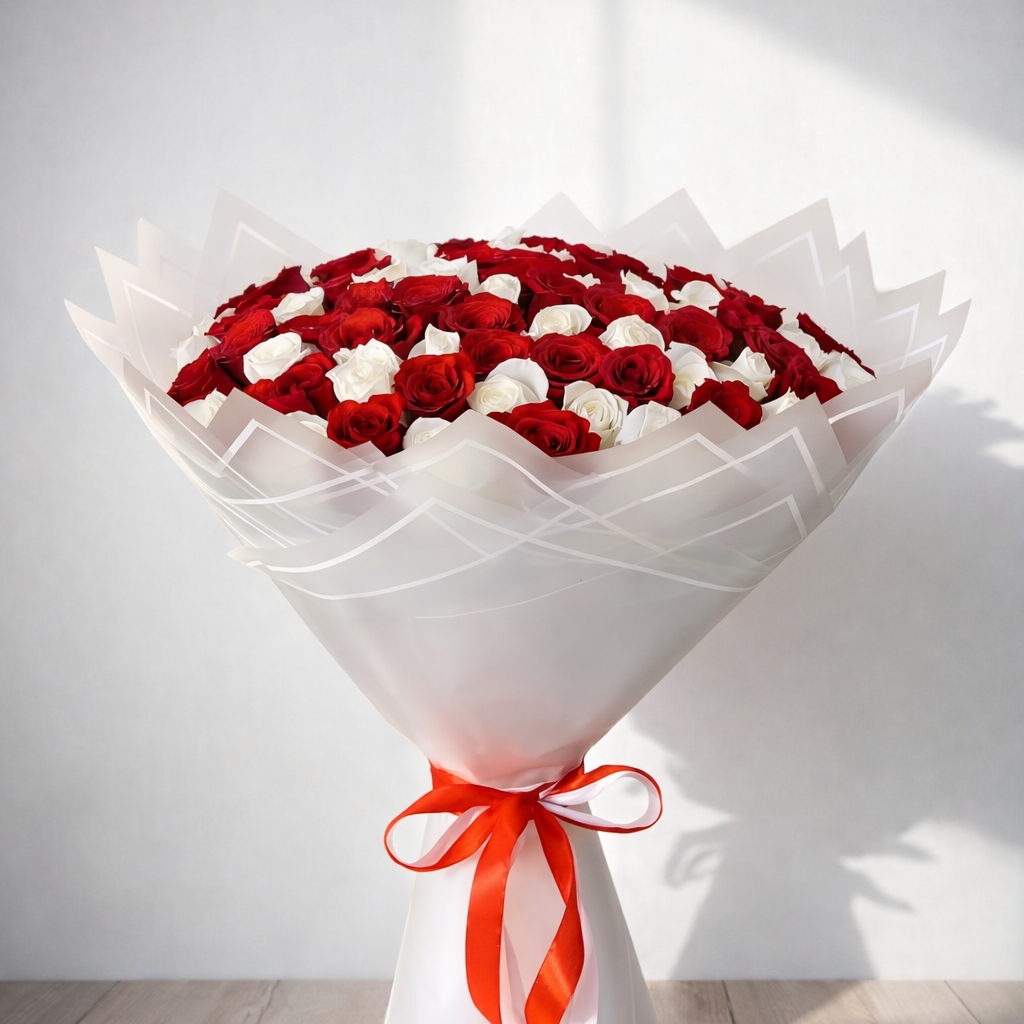 Red And White Roses in White Wrapping