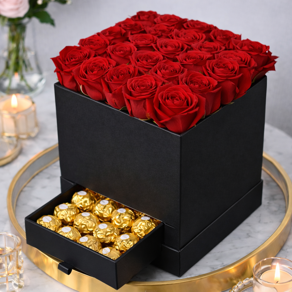 Red Roses With Ferrero In Box