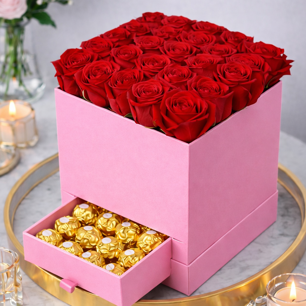Red Roses With Ferrero In Pink Box