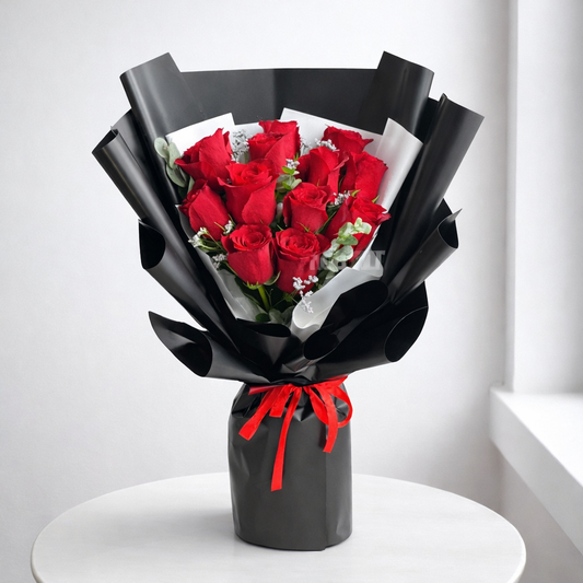 Red Roses Bouquet in Black Wrapping