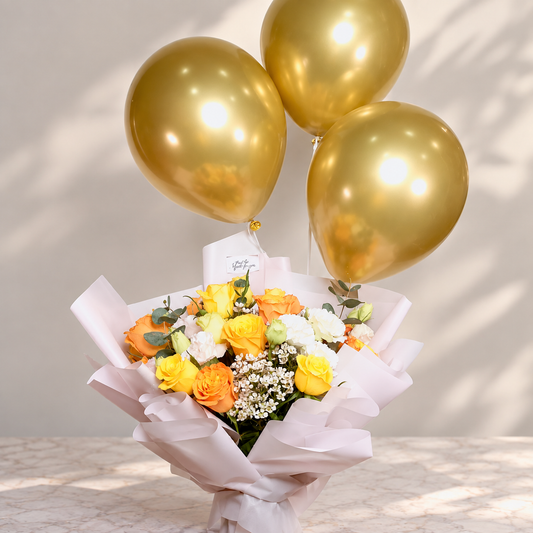 Yellow Rose Bouquet with Gold Helium Balloons
