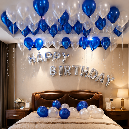 HAPPY BIRTHDAY BLUE AND SILVER BALLOON DECOR