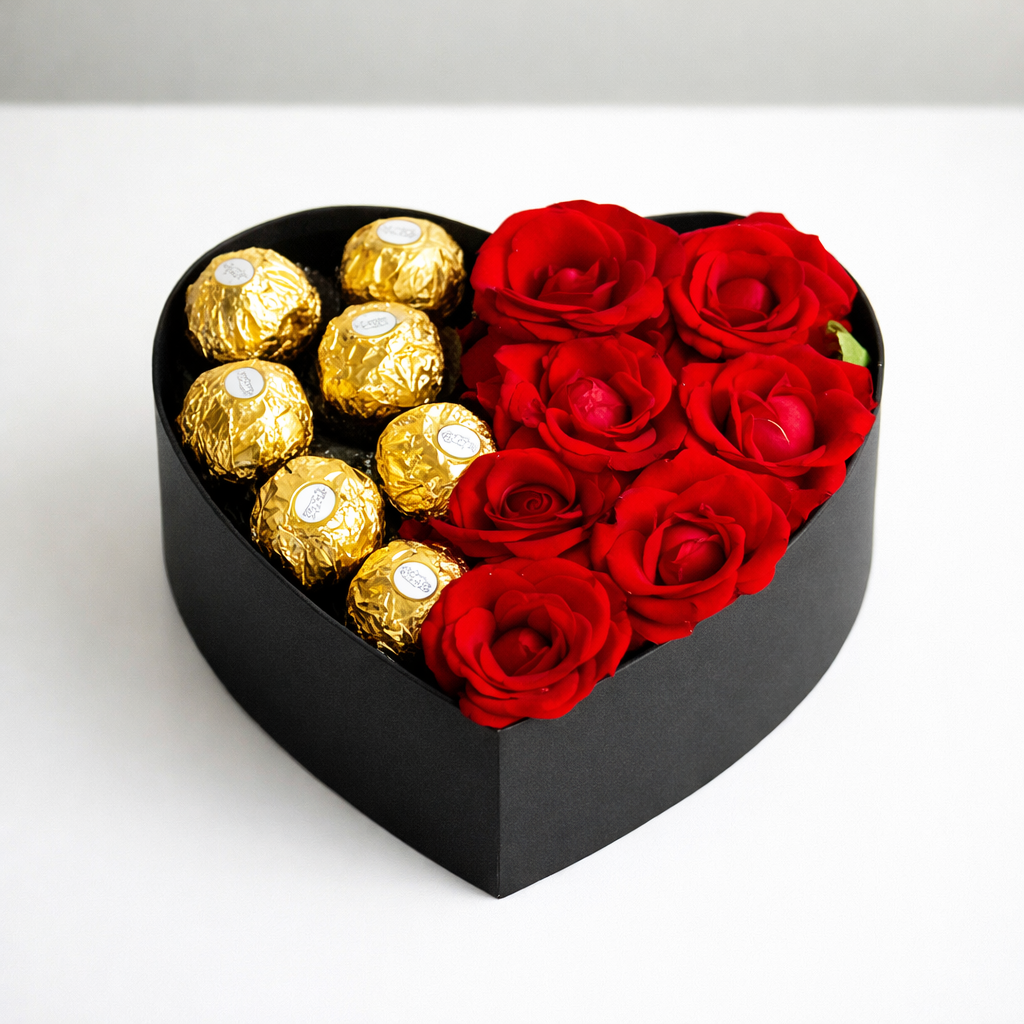 Red Roses And Ferrero in Medium Heart Shape Box
