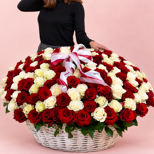 RED & White ROSES IN BASKET