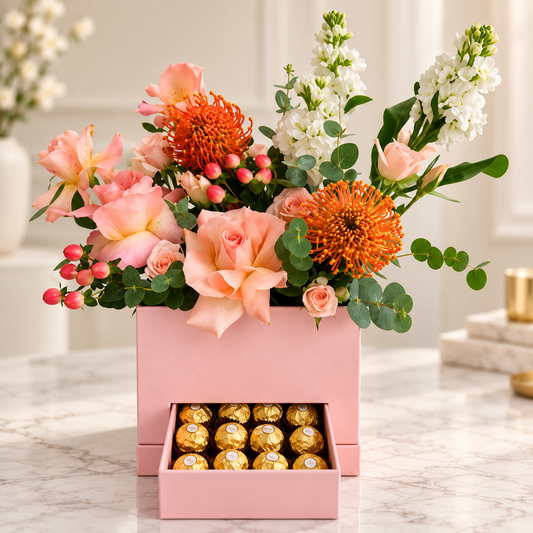 Luxury Peach Pink Rose Box with Ferrero Chocolates